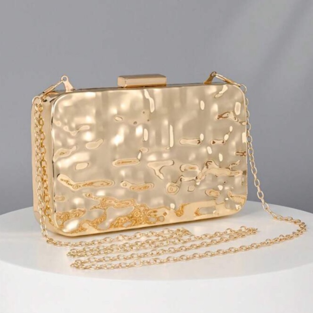 Gold Textured Metal Clutch - Evening Bag - Picture 2 of 8